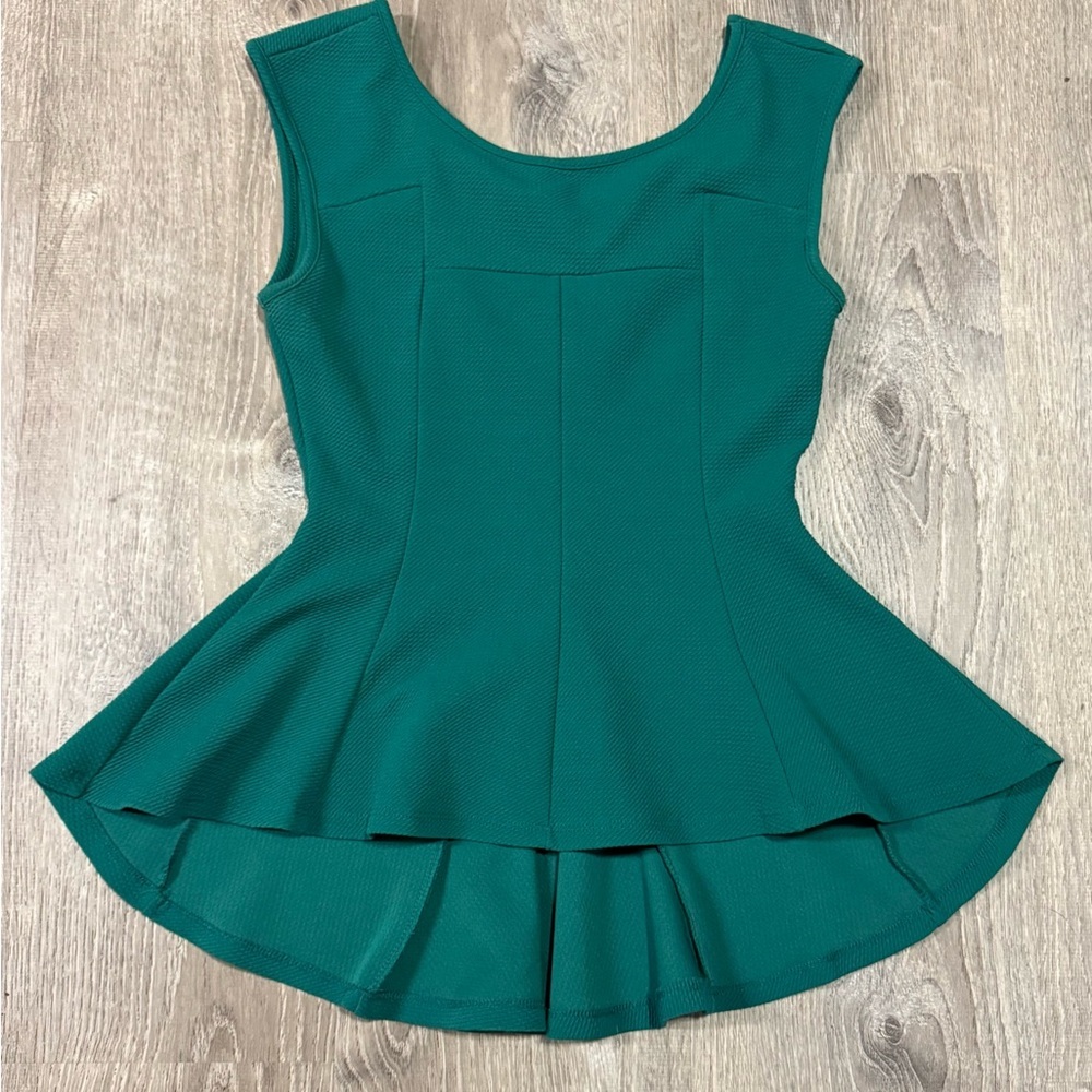 Estam Green Peplum Sleeveless Top | Flared Waist Tank | Chic Casual Blouse | L - Picture 2 of 5